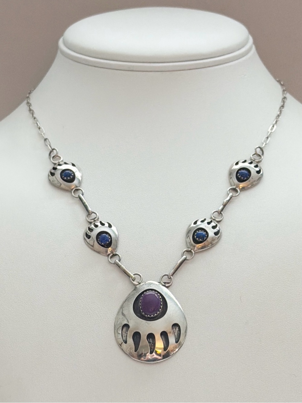 Vintage Signed Southwestern Sugilite Lapis Sterling Silver Bear Paw Necklace
